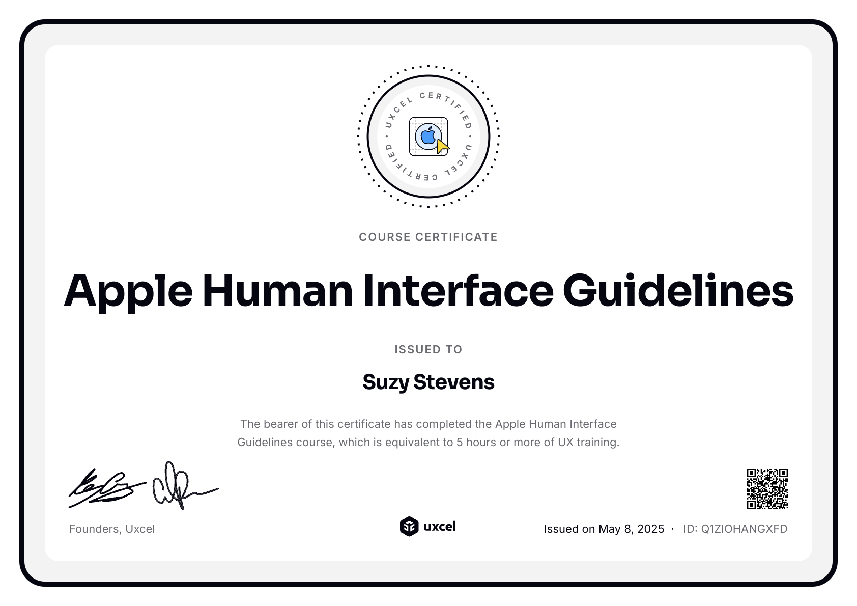 Suzy Stevens's certificate